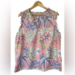 Talbots 100 % Cotton Pink and Blue Parrot Sleeveless Top. Size XL